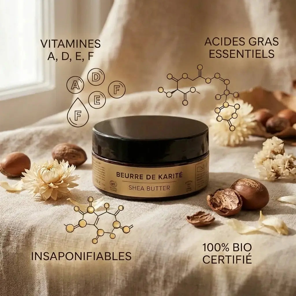 Beurre de karité brut bio Najel en pot noir avec ingrédients naturels et vitamines A, D, E, F