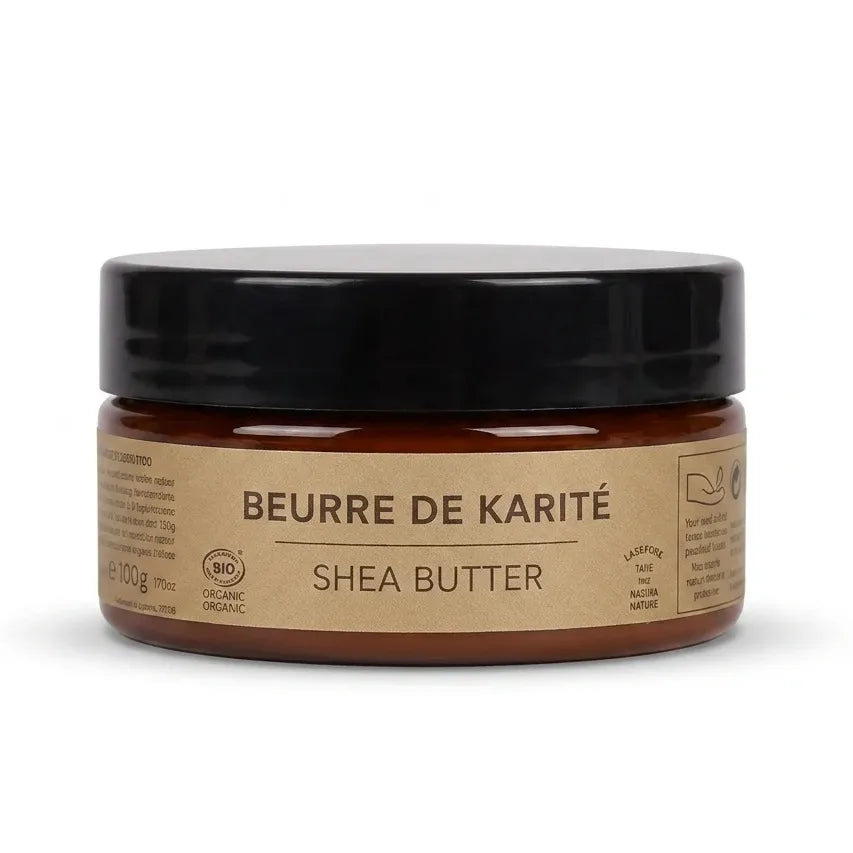 Beurre de karité brut bio Najel en pot avec couvercle noir sur fond blanc