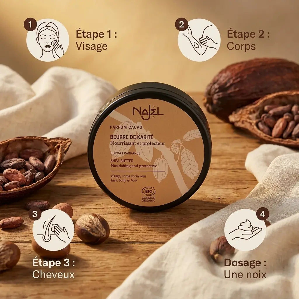 Beurre de karité bio Najel cacao - Guide d'utilisation visage, corps et cheveux
