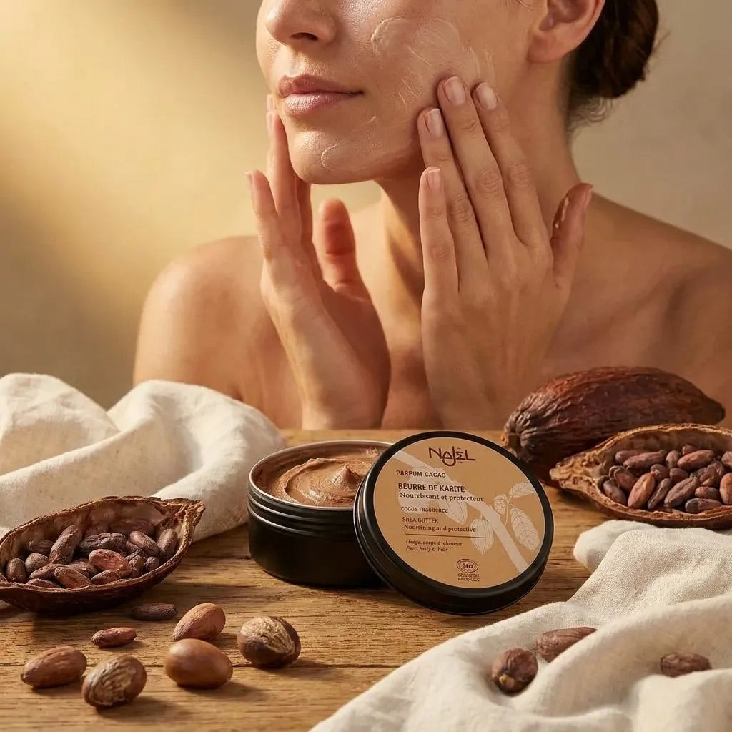 Femme appliquant beurre de karité bio Najel parfum cacao sur son visage avec cacao et noix de karité
