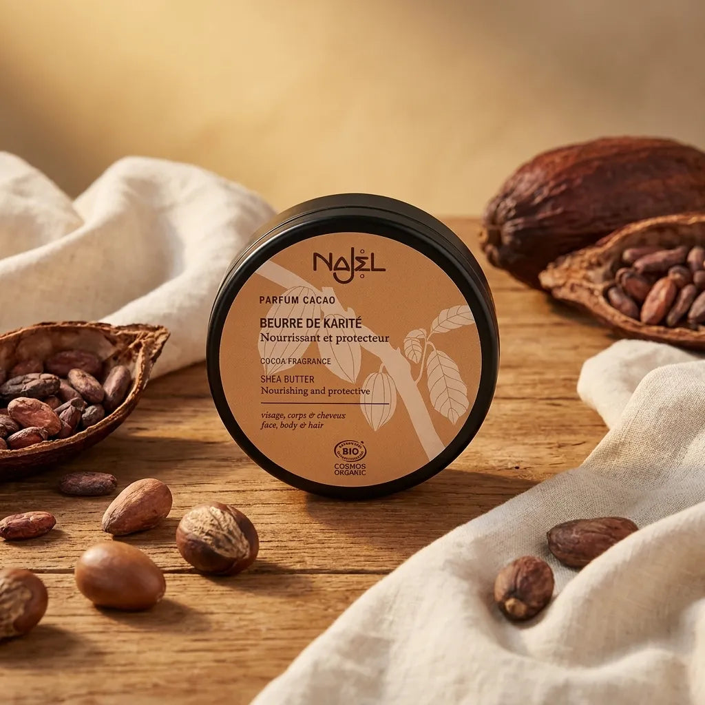 Beurre de karité bio Najel parfum cacao en pot noir avec ingrédients naturels