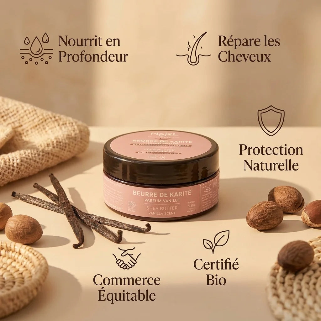 Beurre de karité Najel vanille bio certifié - Infographie produit bénéfices