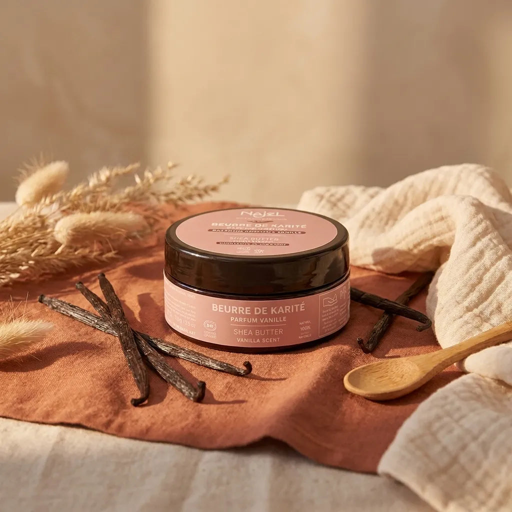 Beurre de karité vanille bio Najel sur lin terracotta avec gousses de vanille