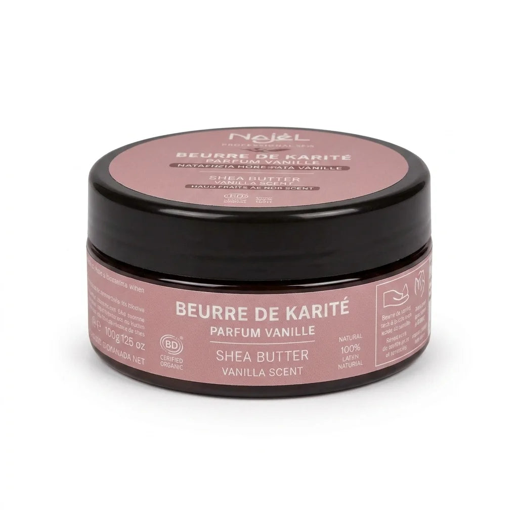 Beurre de karité vanille bio Najel en pot noir sur fond blanc