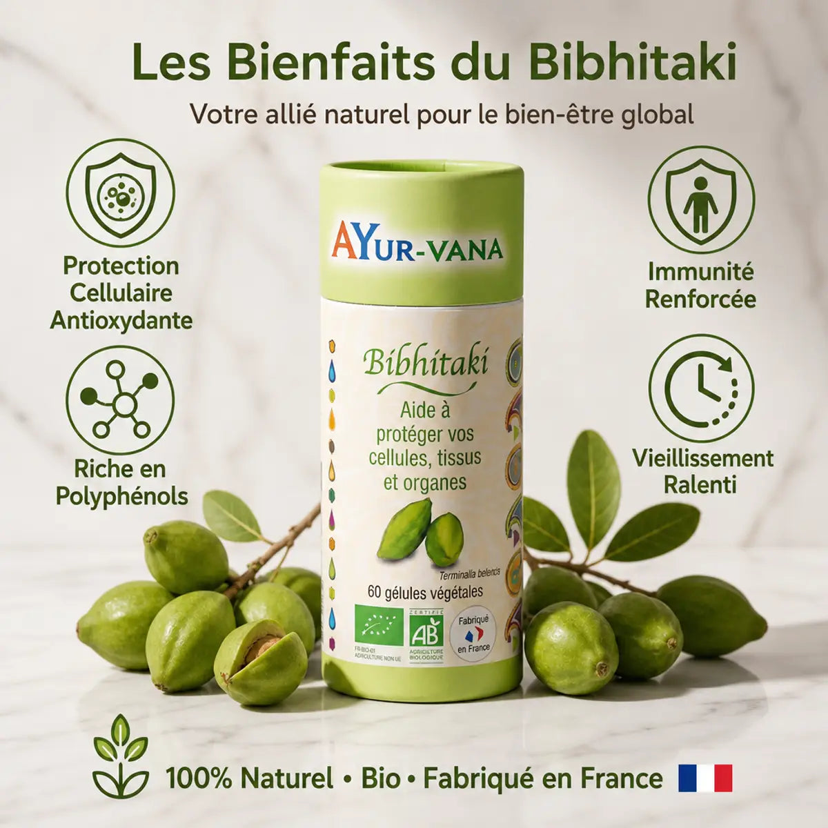 Bibhitaki bio 60 gélules Ayurvana avec bénéfices antioxydants et immunité renforcée