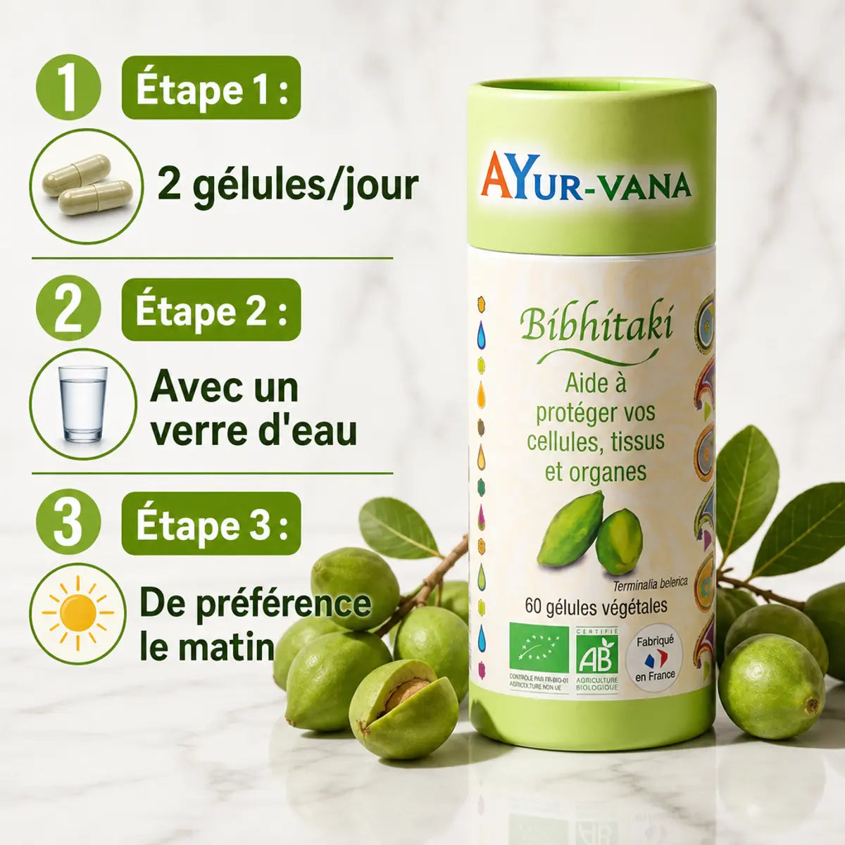 Bibhitaki bio 60 gélules Ayurvana avec posologie - 2 gélules par jour le matin