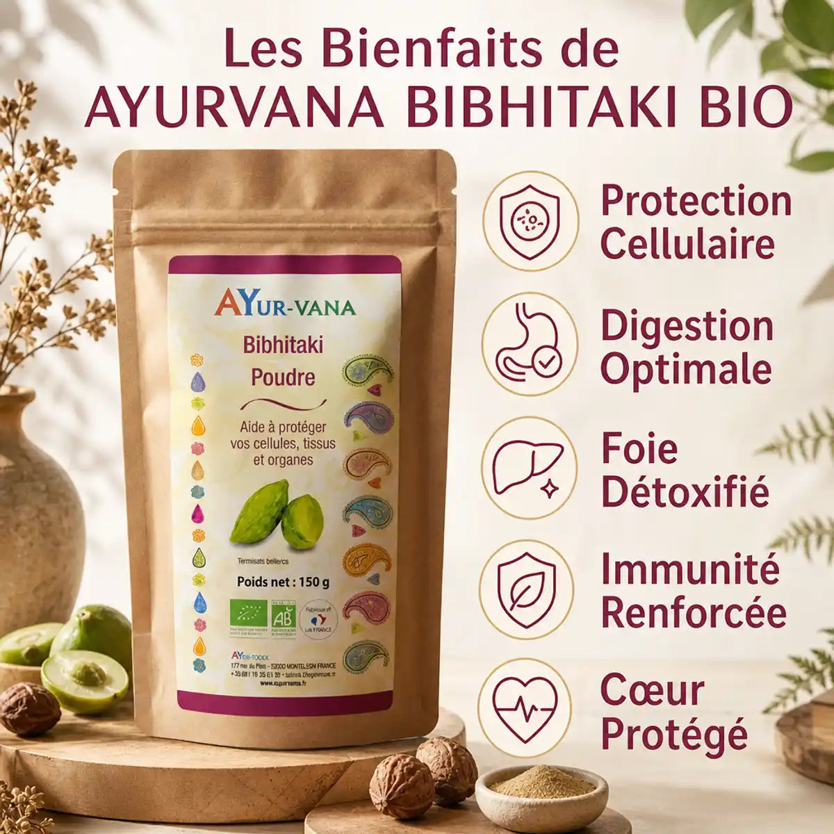 Bibhitaki Bio poudre Ayurvana - Bénéfices santé : digestion, foie, immunité, cœur