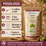 Bibhitaki Bio poudre Ayurvana avec posologie : 1 cuillère à café 2 fois par jour dans l'eau tiède