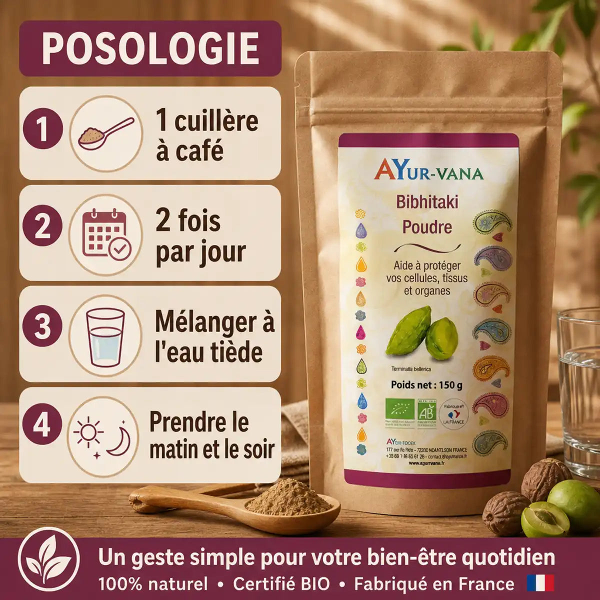 Bibhitaki Bio poudre Ayurvana avec posologie : 1 cuillère à café 2 fois par jour dans l'eau tiède