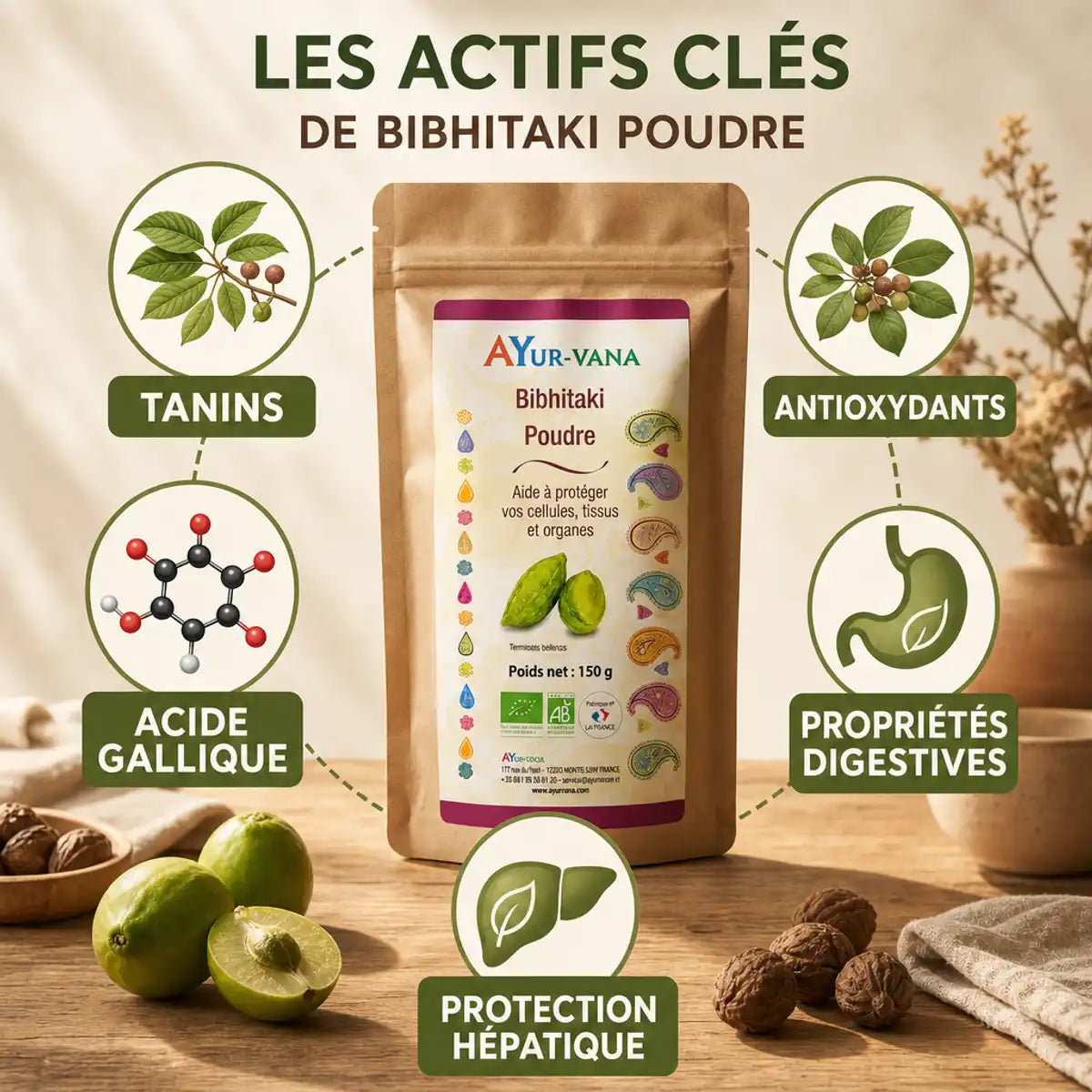 Bibhitaki Bio en poudre Ayurvana avec ingrédients actifs : tanins, antioxydants et propriétés digestives