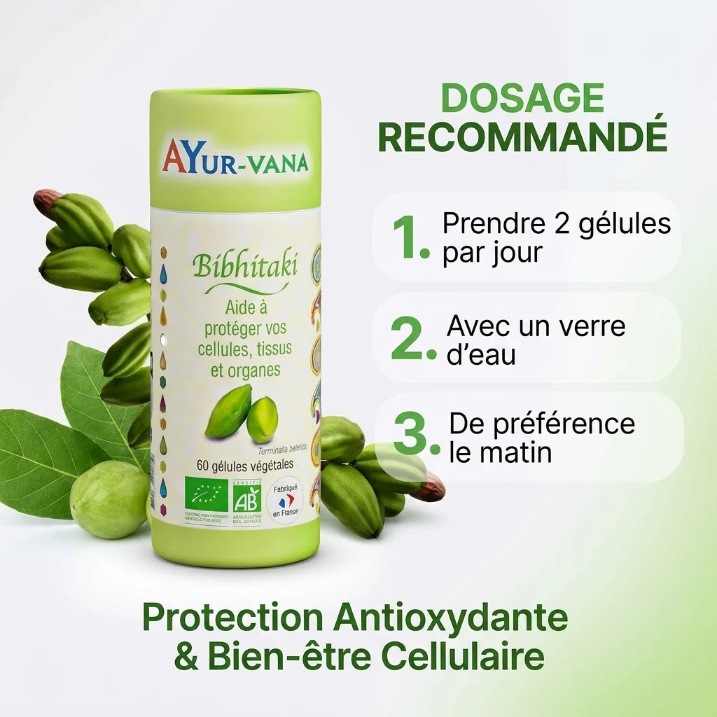 Bibhitaki bio en gélules Ayurvana avec fruits de terminalia bellerica et posologie recommandée