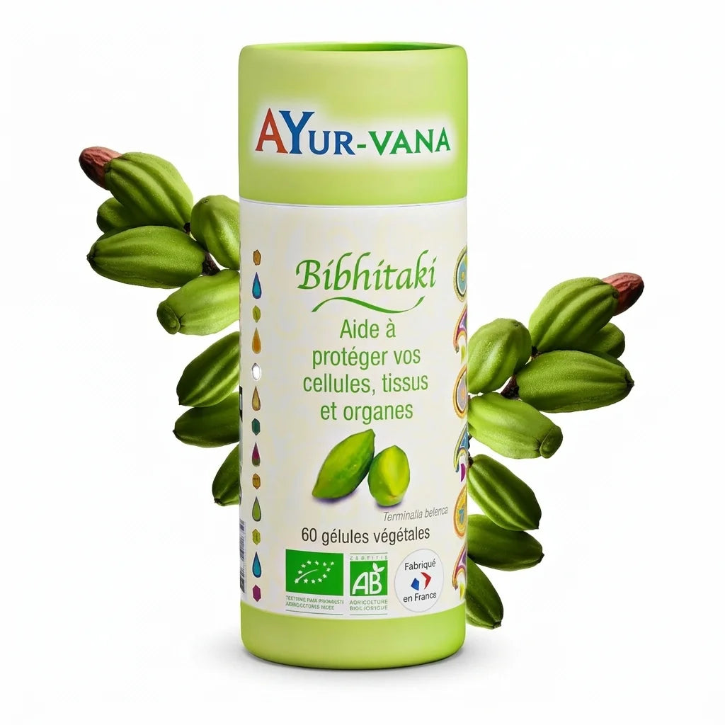 Flacon de gélules Bibhitaki bio vegan Ayurvana sur fond blanc