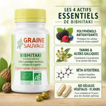 Bibhitaki bio en gélules Graine Sauvage avec infographie des actifs antioxydants et tanins