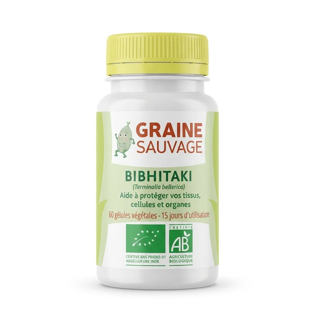 Graine Sauvage Bibhitaki bio en gélules avec bouchon jaune, supplément vegan naturel