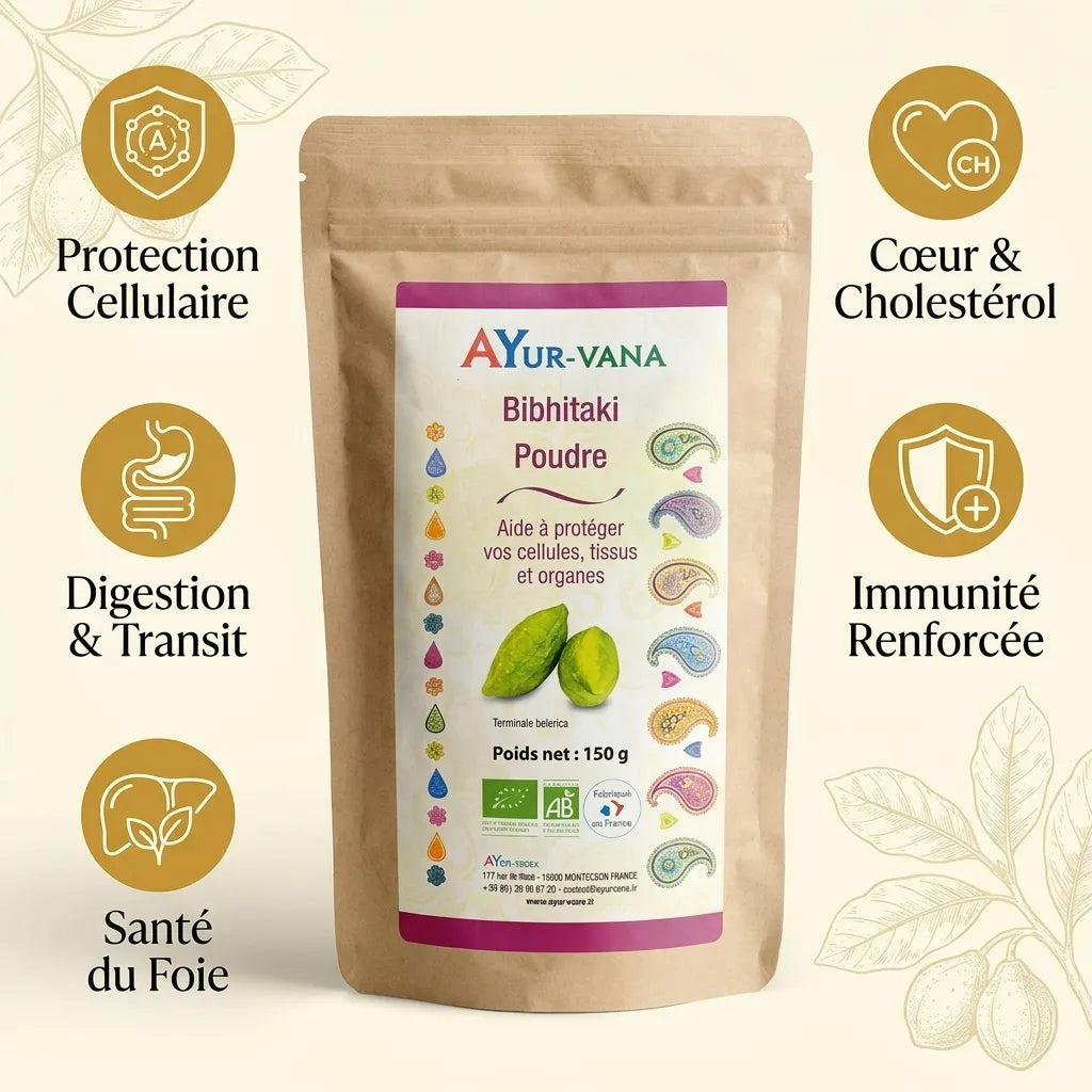 Ayurvana Bibhitaki Bio poudre 150g avec infographie bénéfices santé digestion foie immunité