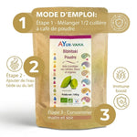 Poudre Bibhitaki Bio Ayurvana avec instructions d'utilisation et icônes wellness sur fond blanc