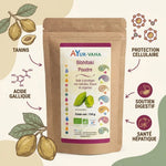 Poudre Bibhitaki Bio Ayurvana avec ingrédients et bénéfices digestifs illustrés