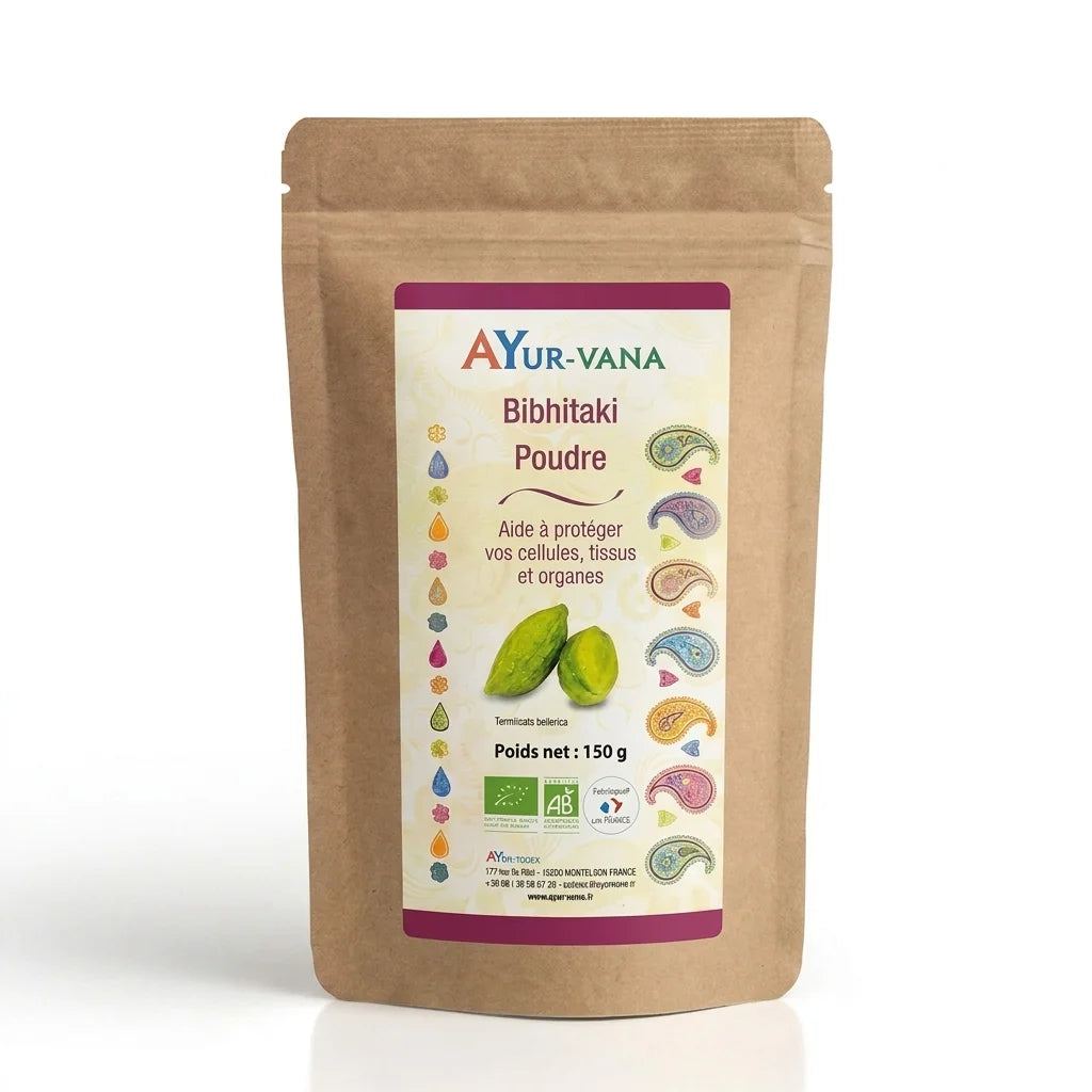 Poudre Bibhitaki Bio Ayurvana en sachet kraft, produit ayurvédique vegan de qualité