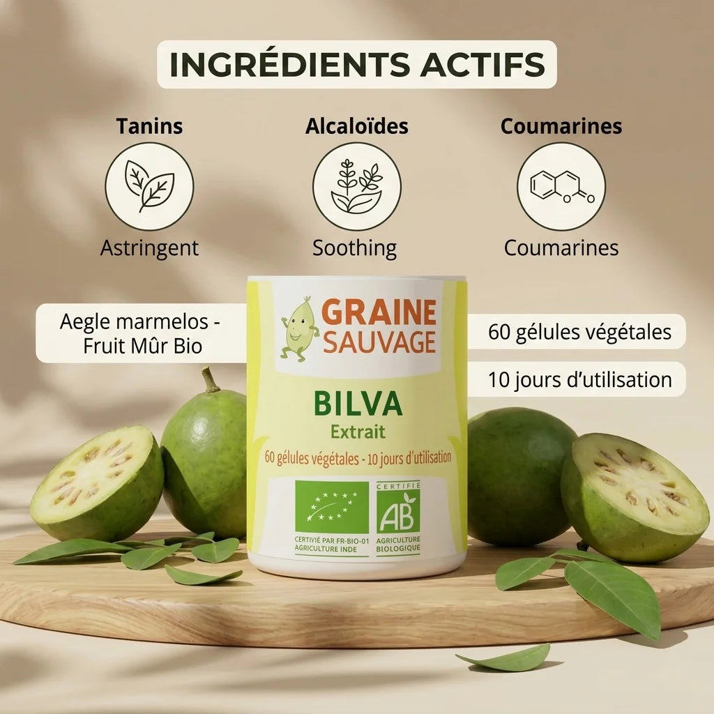Flacon Bilva Bio Graine Sauvage avec fruits et ingrédients actifs sur fond bois naturel