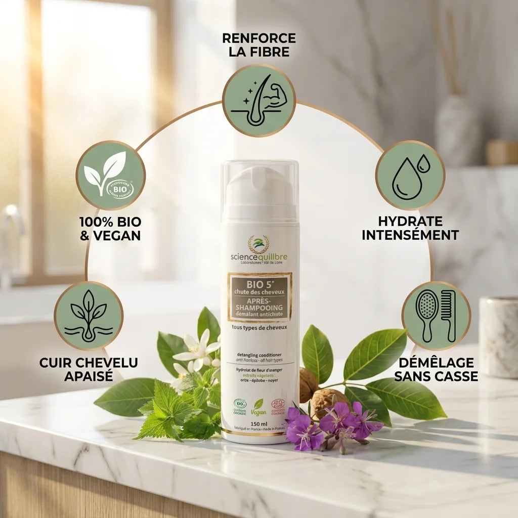 BIO 5 Après-shampooing antichute bio vegan avec ses 5 bénéfices : renforce, hydrate, démêle, apaise le cuir chevelu