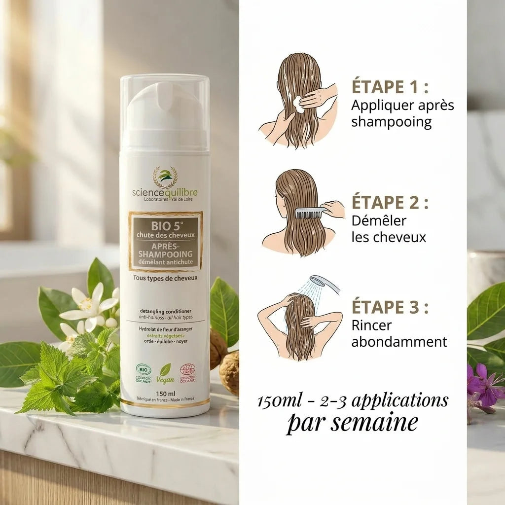 BIO 5 Après-shampooing antichute bio avec mode d'emploi et ingrédients naturels