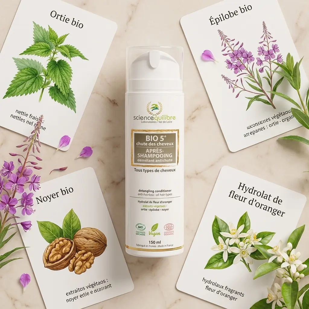 BIO 5 Après-shampooing antichute bio et vegan avec ingrédients naturels : ortie, épilobe, noyer et hydrolat fleur d'oranger