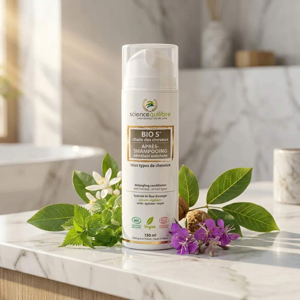 BIO 5 après-shampooing antichute bio vegan avec ingrédients naturels sur marbre
