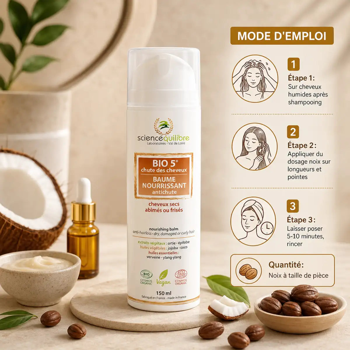 BIO 5 Baume antichute bio vegan avec mode d'emploi application cheveux humides et ingrédients naturels