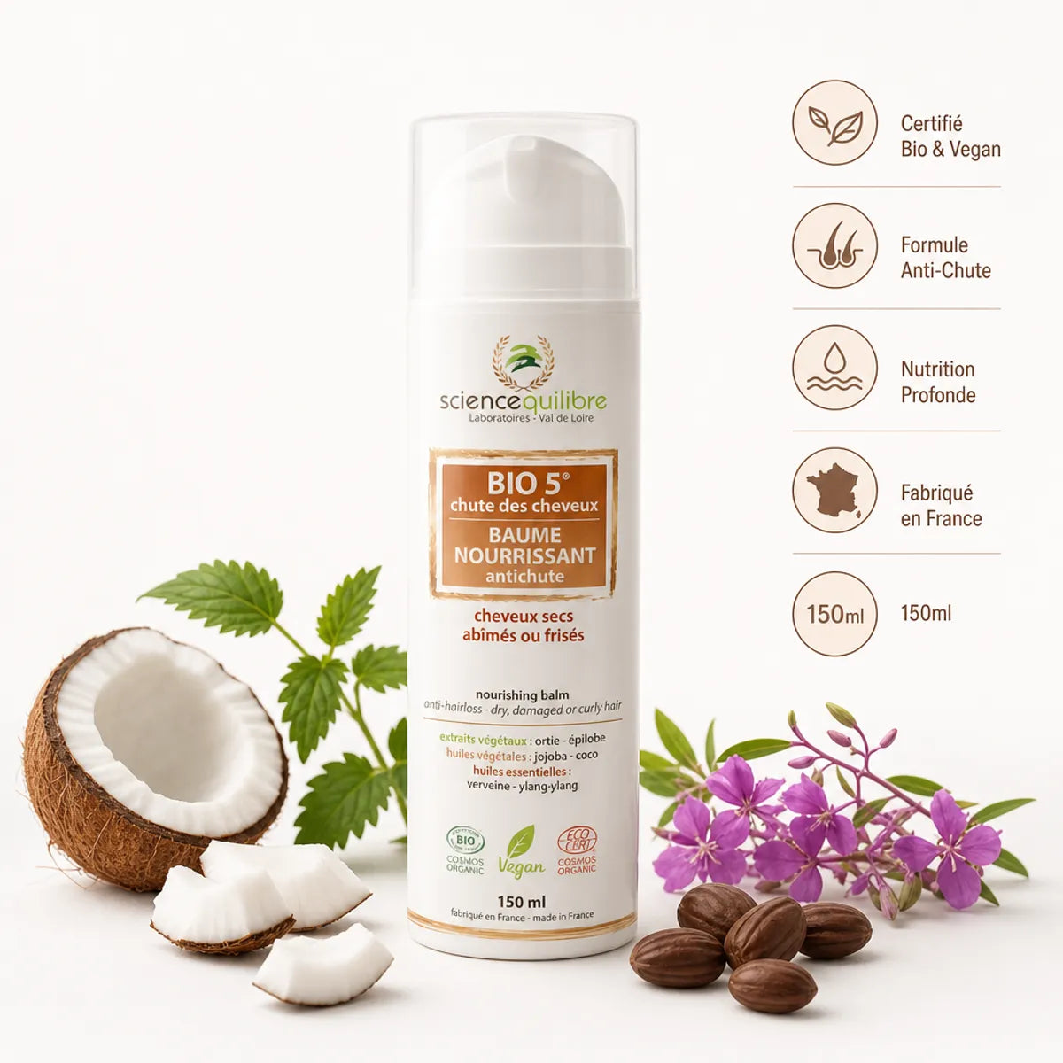 BIO 5 Baume antichute certifié bio vegan avec ingrédients naturels et infographie produit