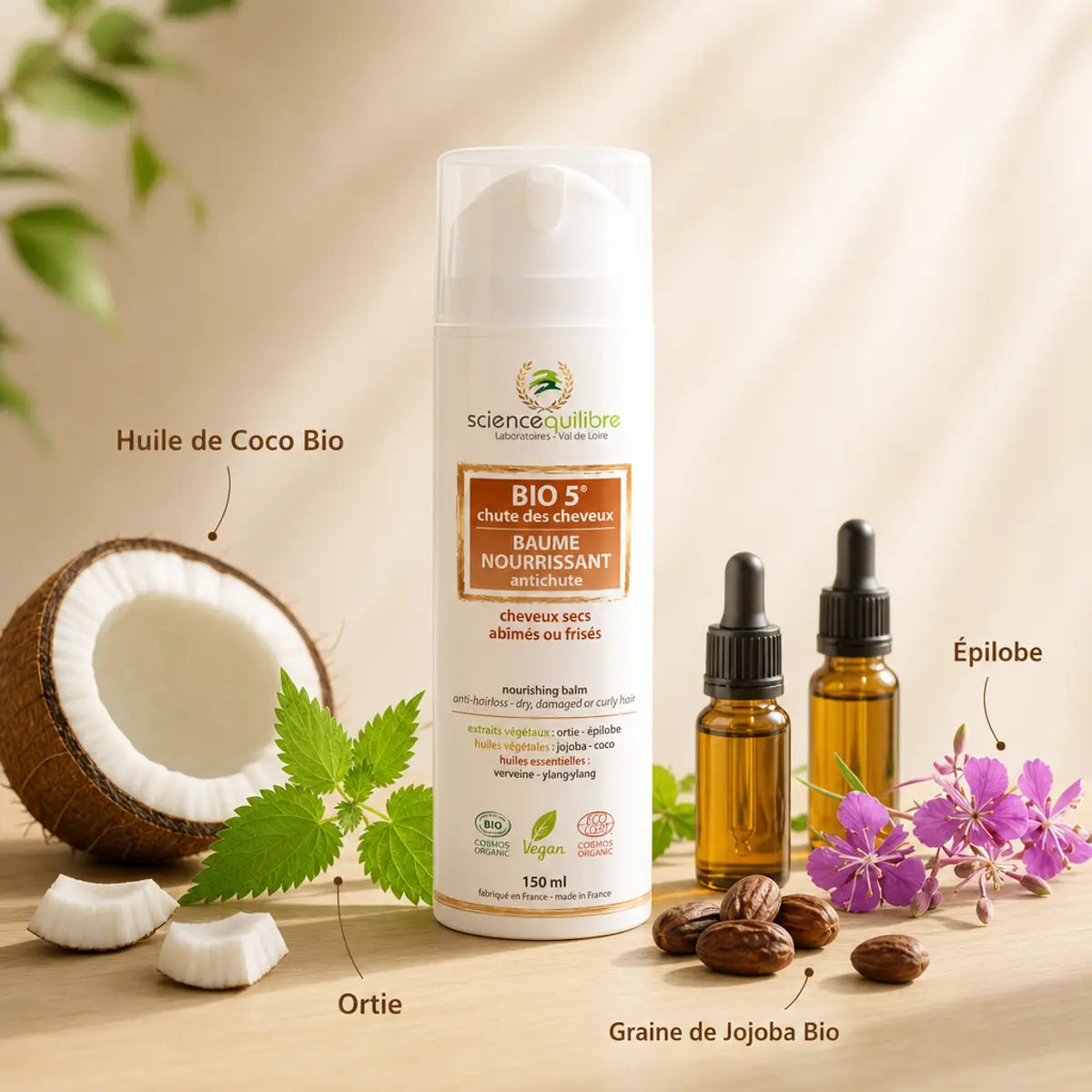 BIO 5 Baume antichute bio vegan avec ingrédients naturels : coco, jojoba, ortie et épilobe