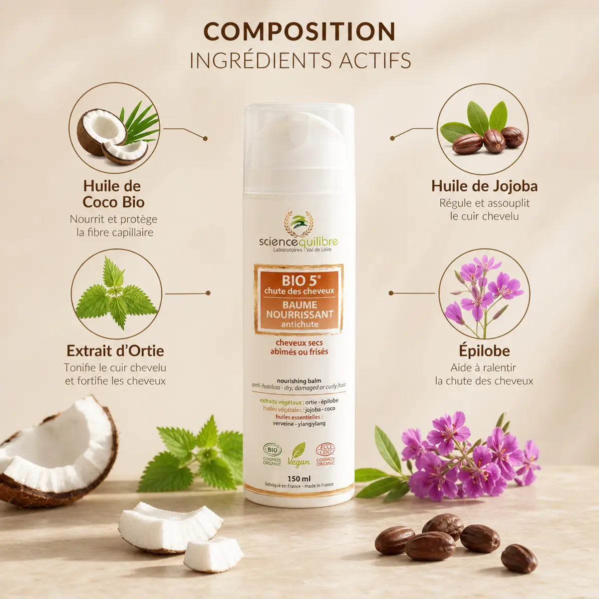 Baume BIO 5 antichute certifié bio avec ingrédients naturels : huile de coco, jojoba et ortie