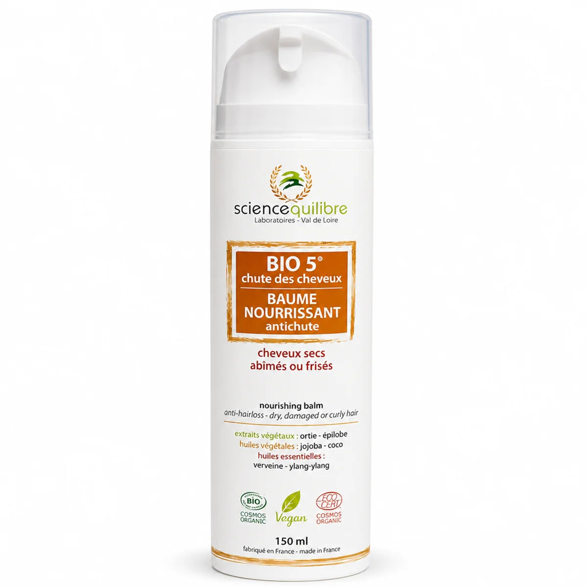 BIO 5 Baume nourrissant antichute certifié bio vegan - Flacon 150ml fond blanc