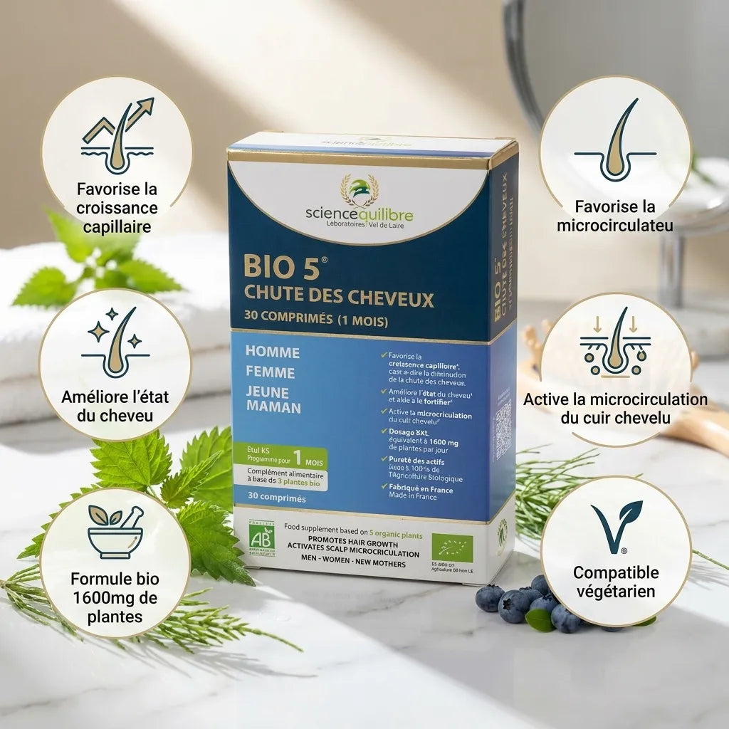 BIO 5 Chute de Cheveux complément alimentaire bio avec infographie des 5 bénéfices