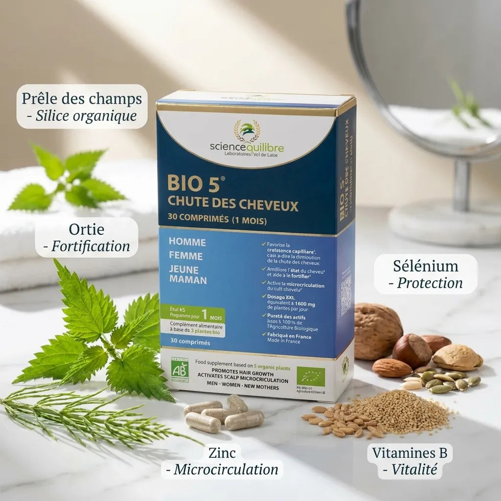 BIO 5 Chute de Cheveux comprimés avec ingrédients naturels : Prêle, Ortie, Zinc, Sélénium et Vitamines B