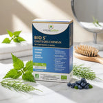 Boîte BIO 5 Chute de Cheveux avec plantes naturelles et accessoires beauté sur marbre