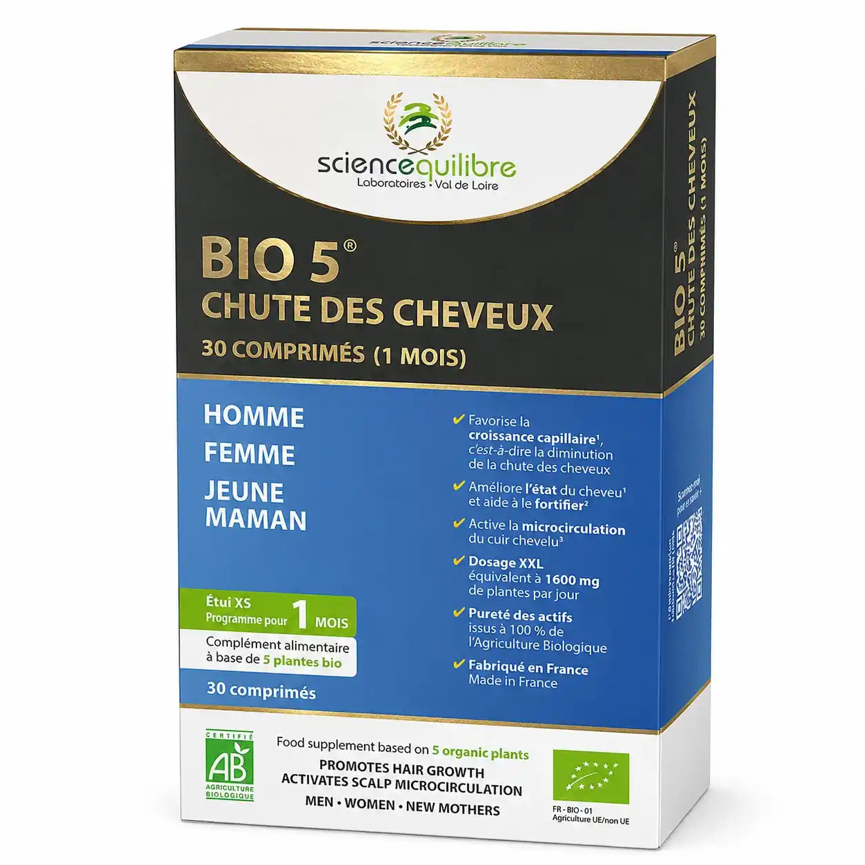 BIO 5 Chute de Cheveux comprimés, boîte packaging bleu et or, certification bio AB