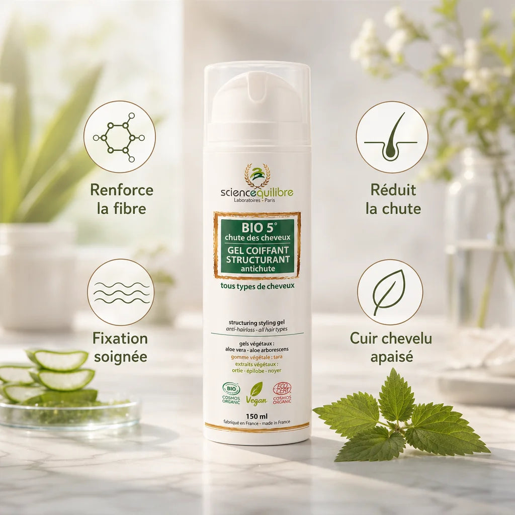 BIO 5 gel coiffant antichute bio vegan avec ses 4 bénéfices : renforce fibre, réduit chute, fixation soignée, cuir chevelu apaisé