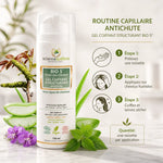 BIO 5 Gel coiffant antichute bio et vegan avec étapes d'application sur cheveux humides