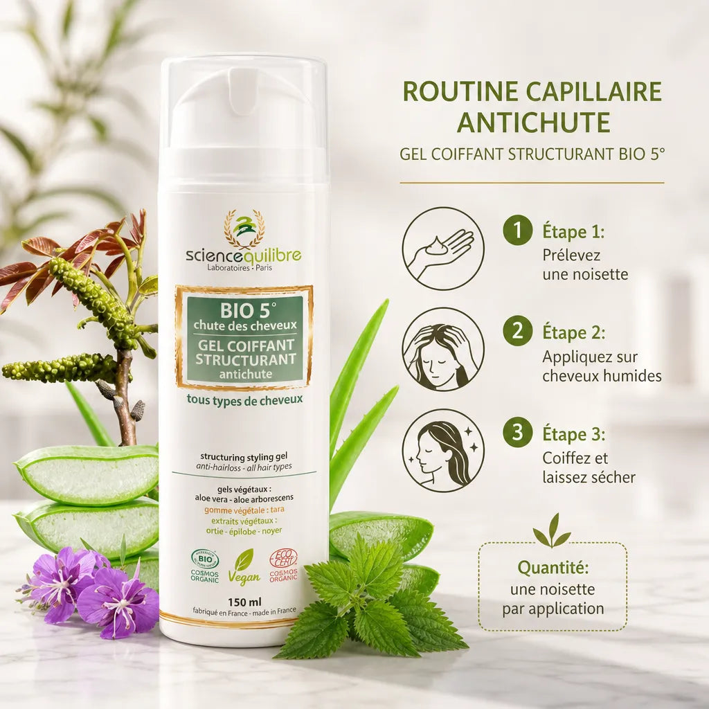 BIO 5 Gel coiffant antichute bio et vegan avec étapes d'application sur cheveux humides