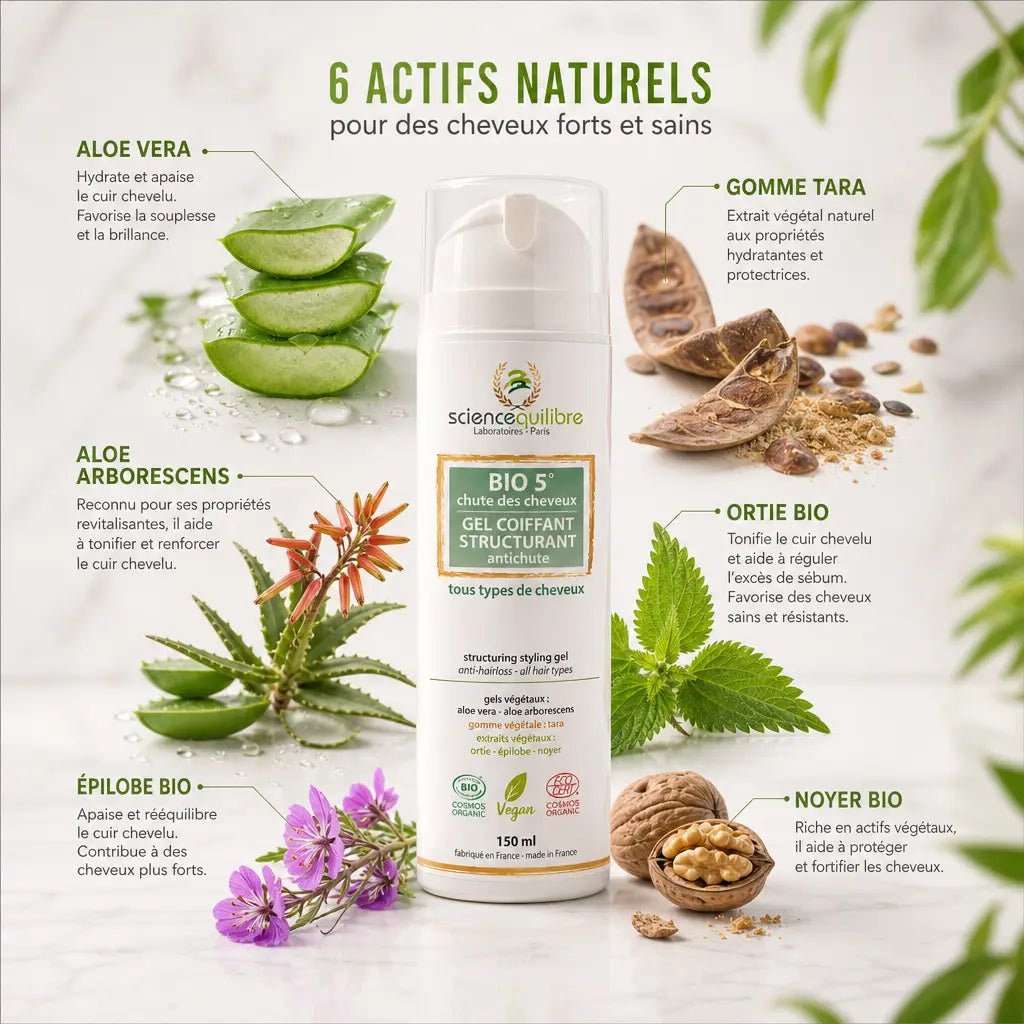 Gel coiffant BIO 5 antichute vegan avec ses 5 ingrédients bio: aloe vera, ortie, épilobe, gomme tara, noyer