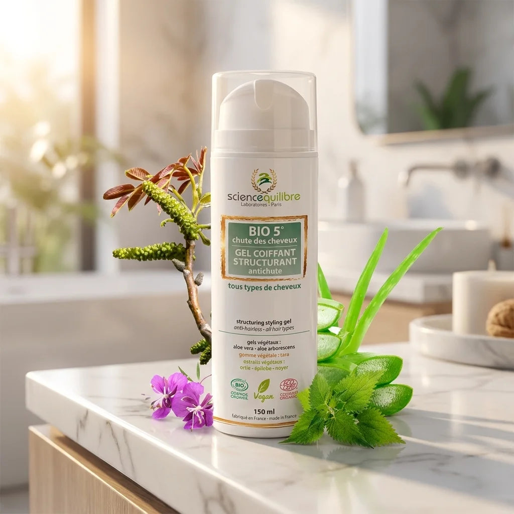 BIO 5 Gel coiffant antichute bio avec ingrédients naturels sur marbre blanc