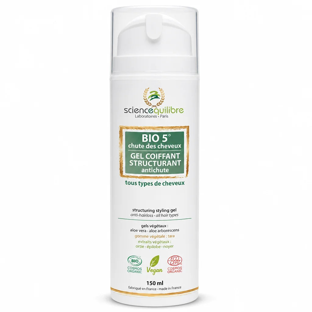 Gel coiffant BIO 5 antichute certifié bio et vegan Science et Équilibre flacon blanc pompe
