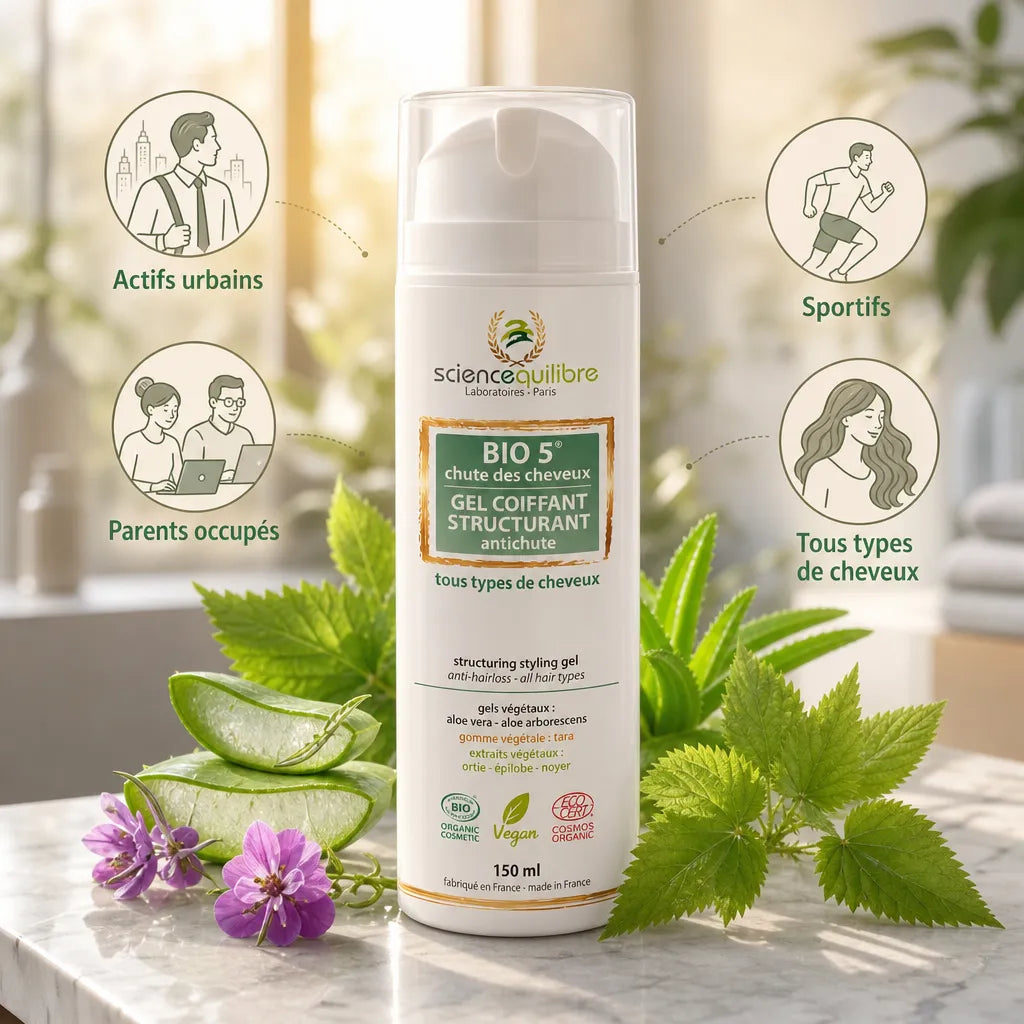 BIO 5 Gel coiffant antichute bio et vegan sur marbre avec ingrédients botaniques naturels
