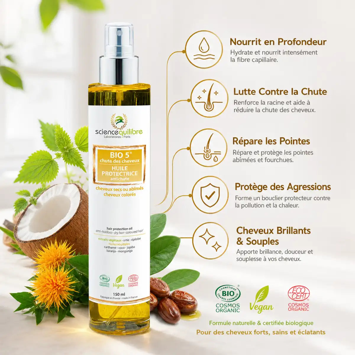 BIO 5 Huile protectrice antichute certifiée bio avec 5 bénéfices : nutrition, réparation, protection et brillance