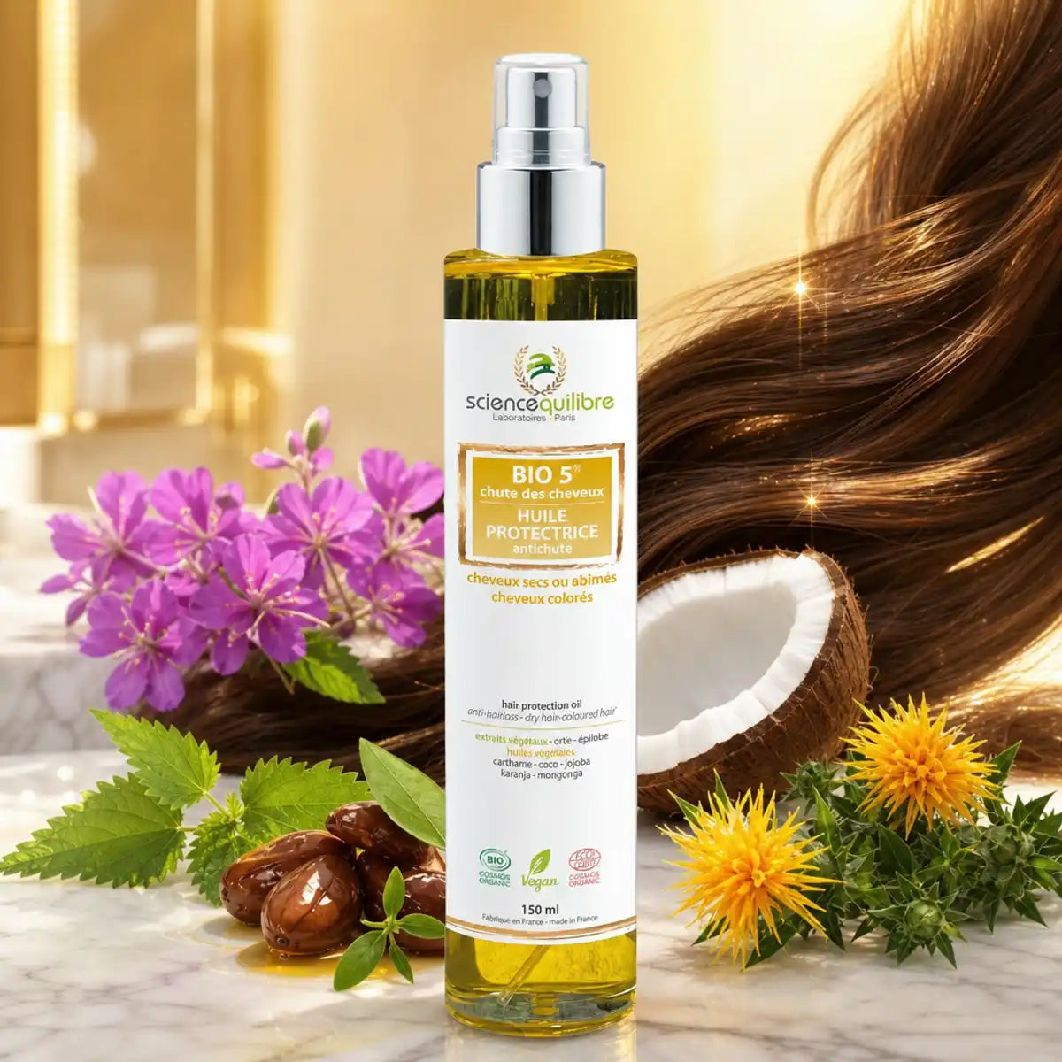 BIO 5 huile protectrice antichute bio vegan avec ingrédients botaniques naturels sur surface marbre