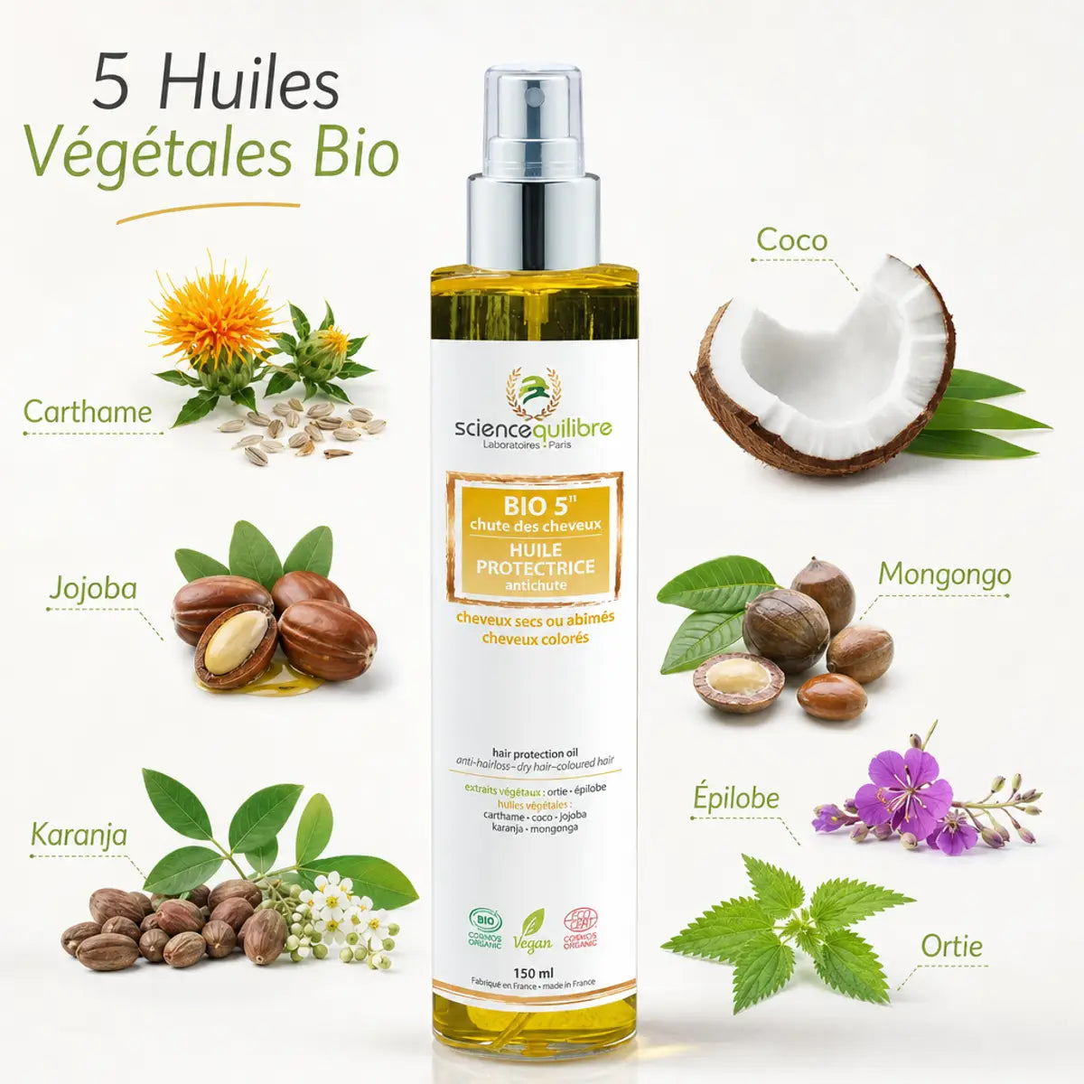 BIO 5 huile protectrice antichute bio avec 5 huiles végétales: carthame, coco, jojoba, karanja et mongongo