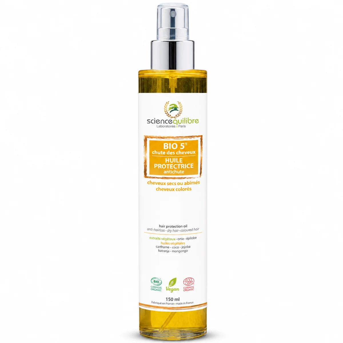 BIO 5 Huile protectrice antichute certifiée bio vegan - Flacon spray isolé fond blanc