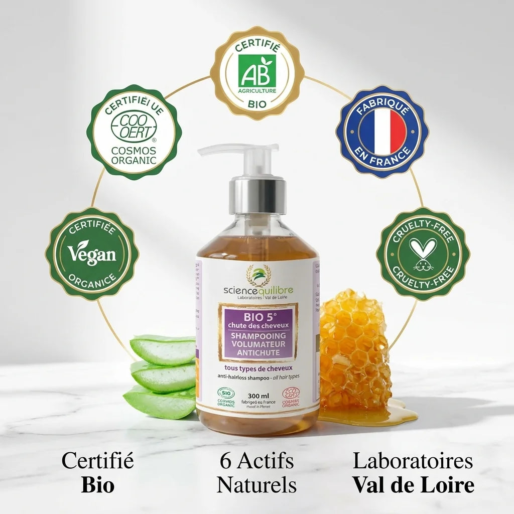 BIO 5 Shampooing volumateur anti-chute certifié bio avec badges écologiques et ingrédients naturels