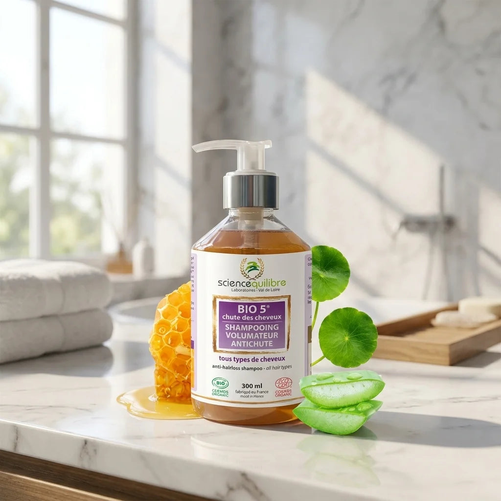 BIO 5 Shampooing volumateur anti-chute certifié bio en flacon verre avec pompe, ingrédients naturels