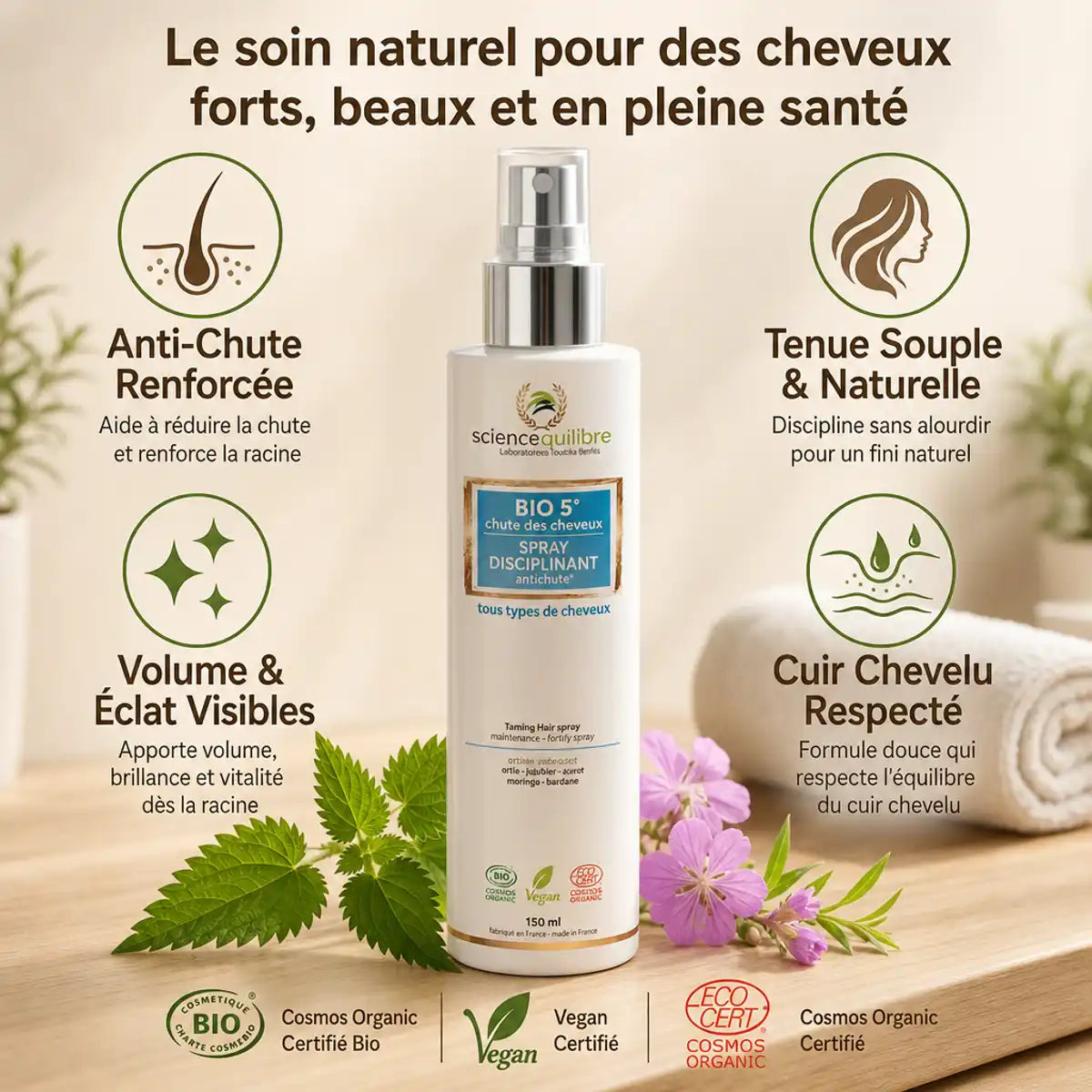BIO 5 Spray antichute bio et vegan avec icônes bénéfices : anti-chute, tenue naturelle, volume et cuir chevelu respecté